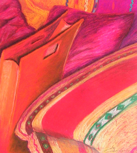 Sofà amb bossa taronja Pintura al pastel 38 x 32 cm