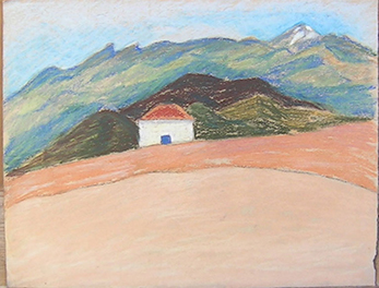 Caseta a la platja amb Teide al fons Pintura al pastel 17 x 13 cm